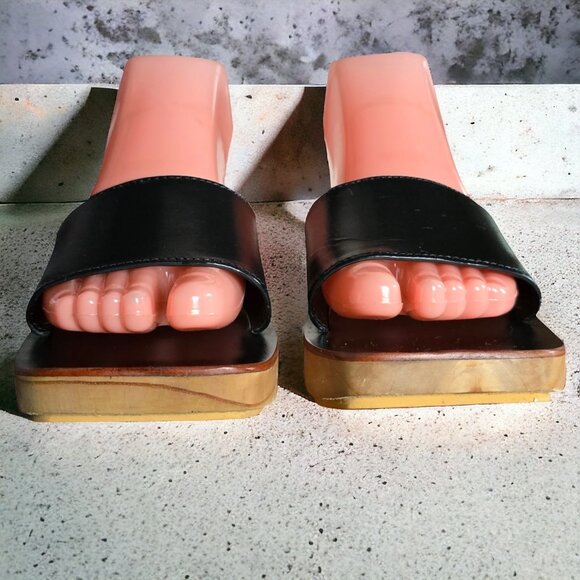 NEW MANGO MNG ( 7.5 ) Black Bovine Leather Wood Square Toe Asymmetric - Picture 5 of 9